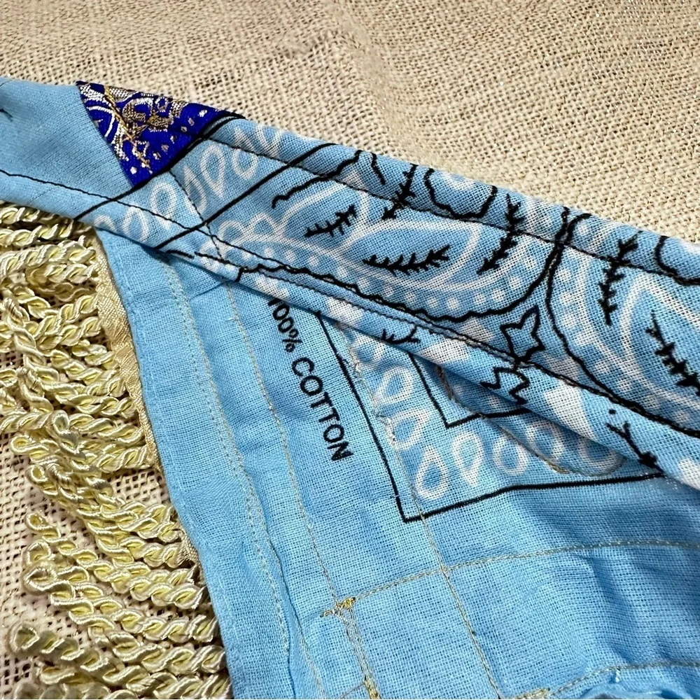 Fringe Blue Scarf, Silver Metallic Neckerchief Head Wrap 6x29 Handmade OOAK